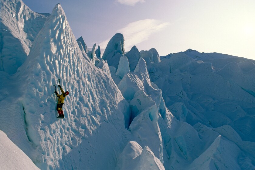 Man Ice Climbing Matanuska Glacier Southcentral Alaska Winter Snow White