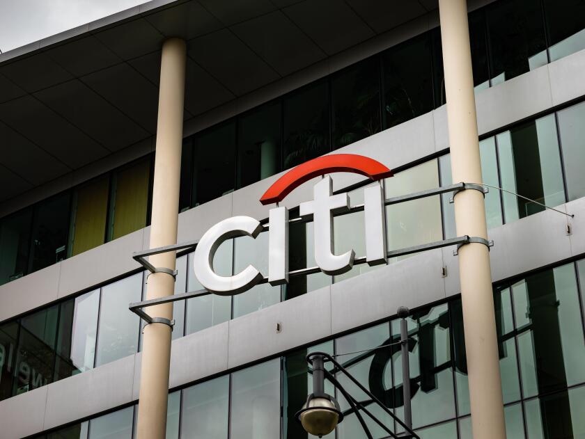 Citibank logo sign (citi) on the building exterior. Banking company as part of the Citigroup offering financial services in a multinational scale.