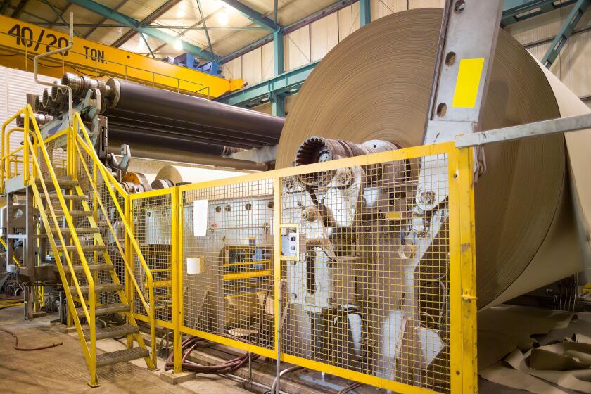 Big rolls of cardboard and paper coming out of the machinery in a paper mill plant in Chile.