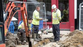 Severn Trent workers in Glocester City centre. Digging up the Road.