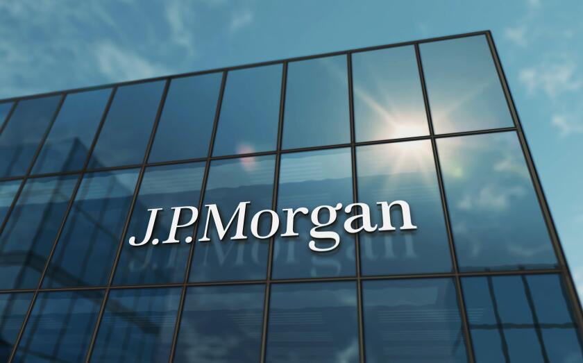 New York, USA, May 31, 2023: J.P.Morgan bank corporation headquarters glass building concept. JP Morgan banking company symbol on front facade 3d illu
