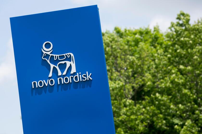 A logo sign outside of a facility occupied by Novo Nordisk in Princeton, New Jersey.