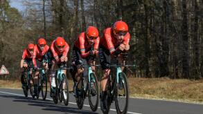 MARCH 2023: View on the cyclist team Arkea Samsic during the team time trial of the professionnal cycling race PARS NICE 2023.