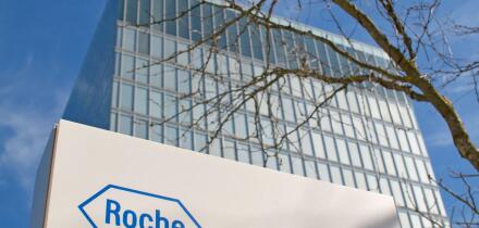 Rotkreuz, Zug, Switzerland - 28th March 2021 : Roche sign in front of the Roche Diagnostics Tower in Rotkreuz, Switzerland. F. Hoffmann-La Roche AG is