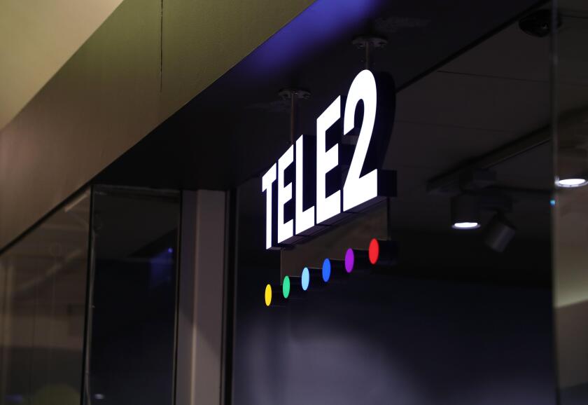 Tele2 sign at a store in the city of Uppsala, Sweden.