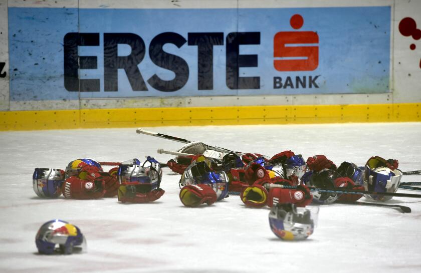 EC Red Bull Salzburg defended the title in Erste Bank Eishockey Liga (EBEL). The Austrians won on Tuesday final 6 in Znojmo, Czech Republic 4:3 and the series 4:2, April 12, 2016. Still life with Erste Bank advert and gloves and helmets after the match.(C