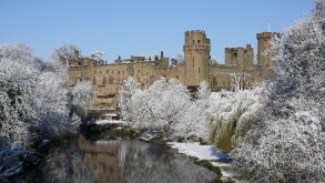 Snowy Warwick Castle on the Avon, Warwick England