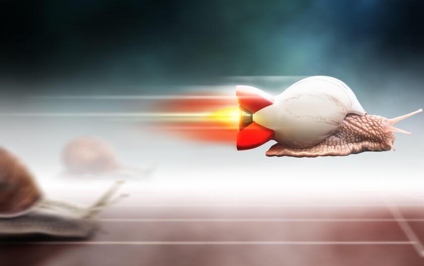 Fast flying snail in a rocket shell winning the race. Snail racing with blurred moving background.
