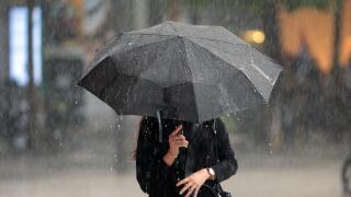Woman With Umbrella In Heavy Rain