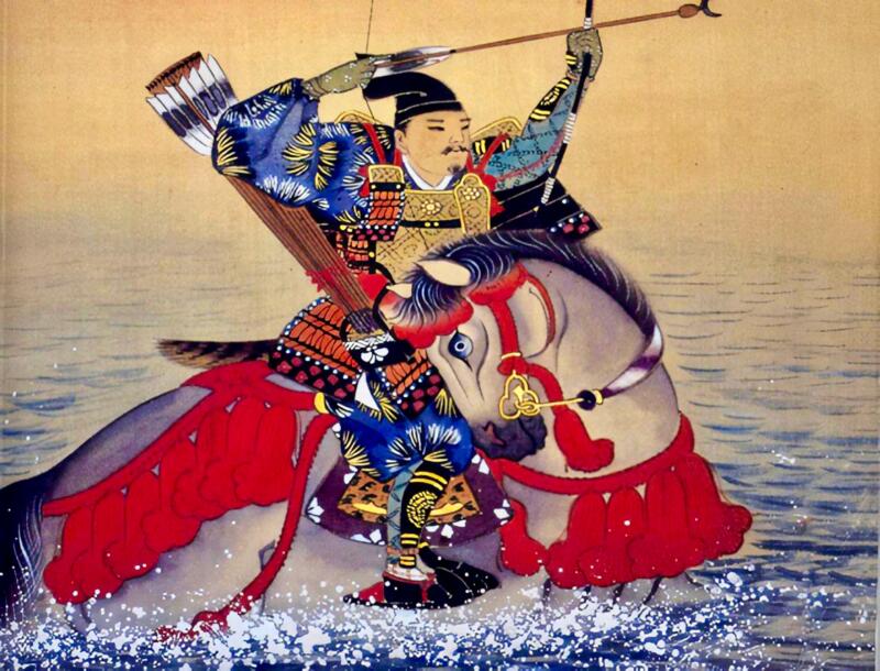 Painting of Nasu no Yoichi, a famous samurai archer, during the Battle of Yashima in 1184