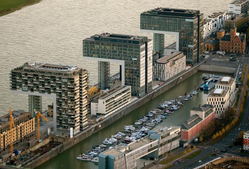 Aerial, Crane building, Crane Houses, Rheinauhafen, Rhine, architect Alfons Lister, Cologne, Rhineland, Cologne Bay, North Rhine-Westphalia, Germany, 