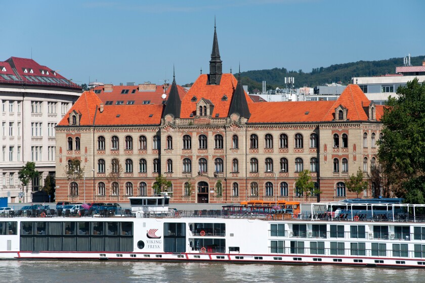 The Stredna Priemyselna Skola Strojnicka building on the banks of the Danube in Bratislava, the capital of Slovakia.