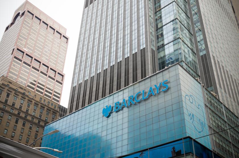 NEW YORK - APRIL 28, 2016: Barclays office building in manhattan. It is a British multinational banking and financial services company headquartered i