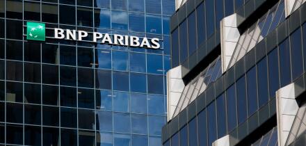 A logo sign outside of a facility occupied by BNP Paribas in Montreal, Quebec, Canada, on April 21, 2019.