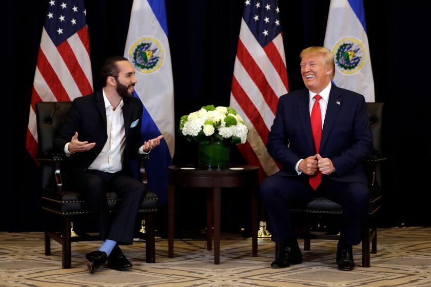President Donald Trump meets with President Nayib Bukele of El Salvador at the InterContinental Barclay New York hotel during the United Nations General Assembly, Wednesday, Sept. 25, 2019, in New York. (AP Photo/Evan Vucci)