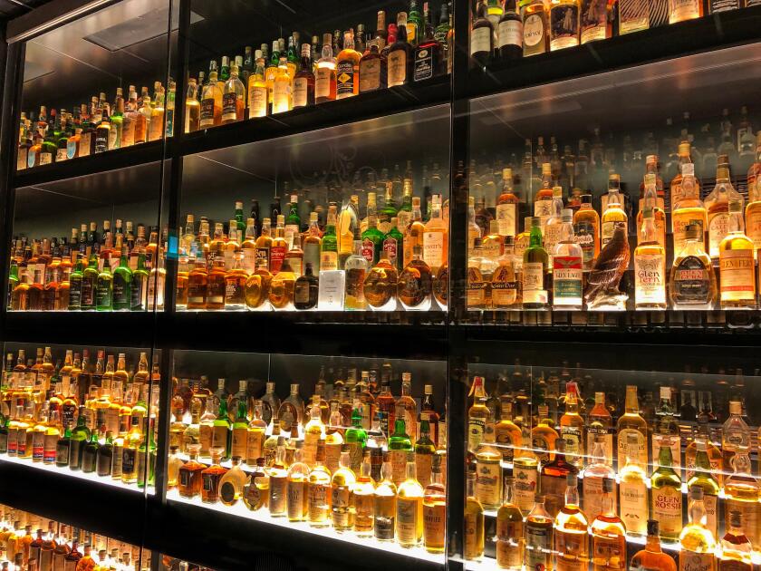 Edinburgh, Scotland - May 12, 2019:  The Diageo Claive Vidiz Collection of 3.384 bottles of whiskey, displayed at the Scotch Whisky Experience.