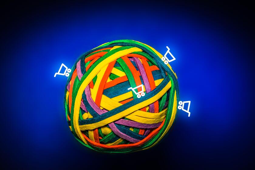 Ball of Colorful Rubber Bands Symbolising the Earth with Shopping Carts