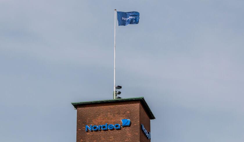 Aarhus, Denmark - 24 March 2020: The logo of the Nordea building in Aarhus.