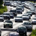 Traffic jam on a highway, motorway.