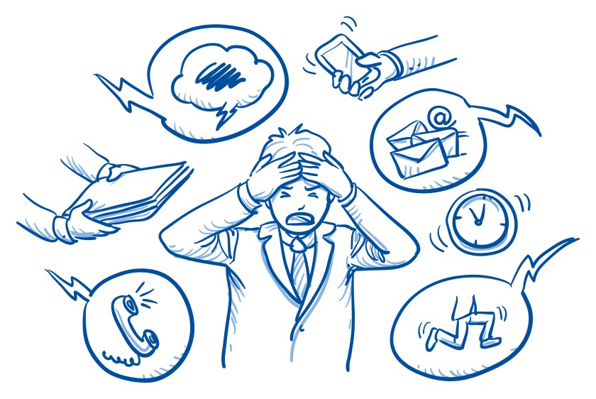 Business man holding his head in pain, surrounded by work icons,