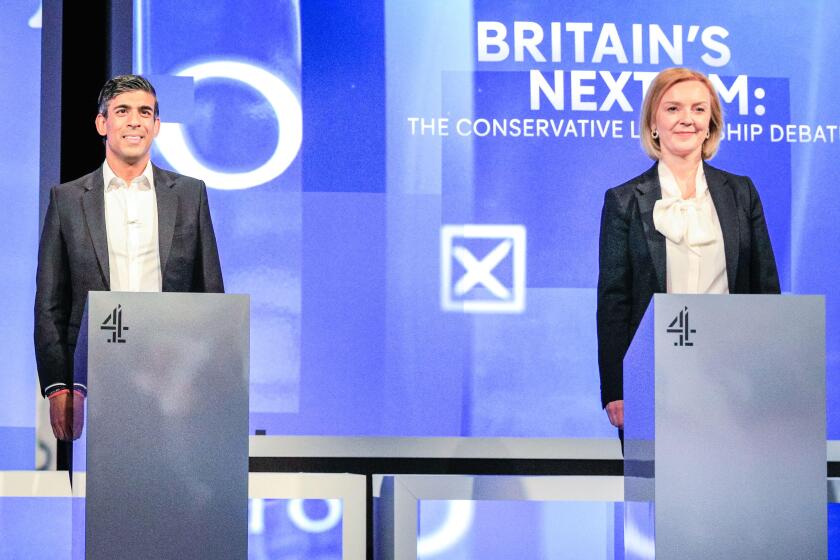 London, UK. 15th July, 2022. All five Conservative Party Leadership Candidates, (left to right) Kemi Badenoch, Penny Mordaunt, Rishi Sunak, Liz Truss and Tom Tugendhat and candidates to become the next Prime Minister of the UK take part in a debate and q&
