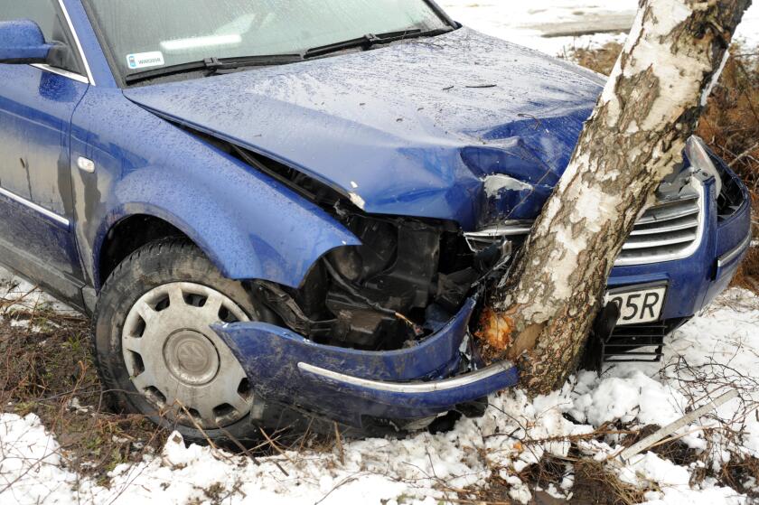 Blue Volkswagen Passat saloon crashed into a silver birch tree in Poland