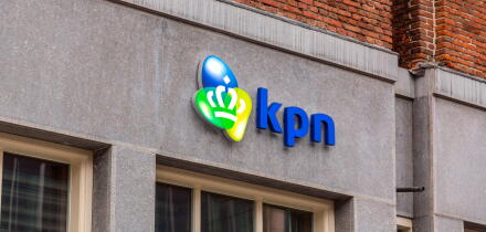 Amsterdam, NL - OCT 10, 2021: Logo signage of KPN, a Dutch landline and mobile telecommunications company, originated from a government-run postal, te