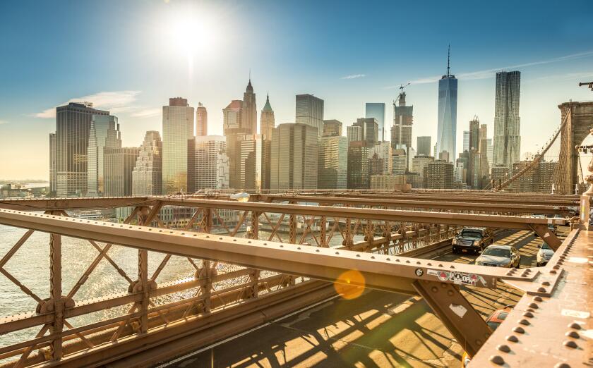 Views of Lower Manhattan and New York from the Brooklyn Bridge during summertime, New York, USA