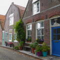 Quaint village houses with blooming flowers and plants in Edam, Netherlands, showcasing traditional Dutch architecture