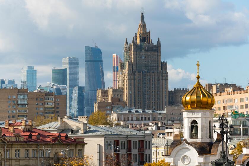View of old and new skyscrapers, Moscow, Russia