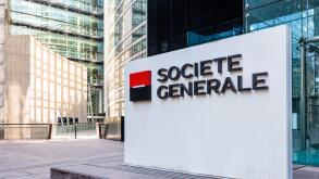 Sign of the Societe Generale at the entrance of the head office of the french banking group in La Defense business district.