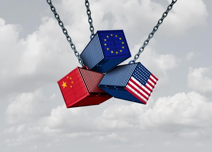 China Europe United States trade war business metaphor and Chinese European and American tariff dispute as an economic problem.