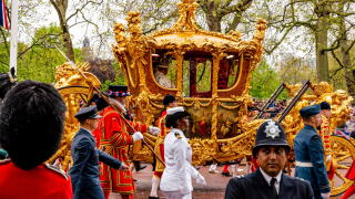 King Charles III and Queen Camilla Travel Back To Buckingham Palace In The Gold State Coach As Part Of The Coronation Procession, London, UK.