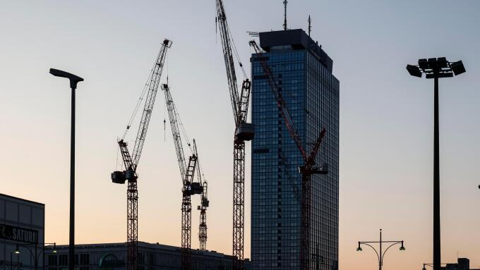 Cranes at the construction site of the Covivio high-rise, next to the Park Inn by Radisson Berlin hotel on Alexanderplatz, 08/03/2024