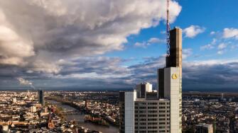 Frankfurt,Germany.Aerial view from Helaba Main Tower.Commerzbank high-rise building,Main river and historic old town.  Commerzbank Tower modern steel 