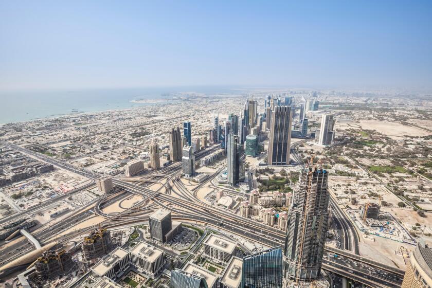 View of Sheikh Zayed Road from Burj Khalifa observation deck, Dubai City, United Arab Emirates, UAE, Middle East