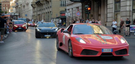 June 13, 2024, Rome, Italy: Some modern Ferrari cars participating in the re-enactment of the Mille Miglia (one thousand miles) in Rome. The Mille Miglia was a speed road car competition held in Italy from 1927 to 1957 with start and finish in Brescia in 