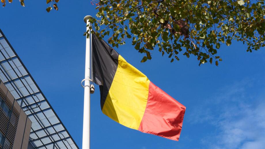 Belgian flag swaying in the wind against blue sky and trees. Flag of Belgium near train station. Flag day celebration. Embassies and consulates
