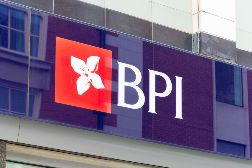 Logo of the Portuguese bank BPI, Banco Portugues de Investimento, London, UK