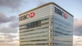 London, England, UK - February 27, 2015: The head office of HSBC Bank in the cluster of skyscrapers at Canary Wharf in East London's Docklands financi