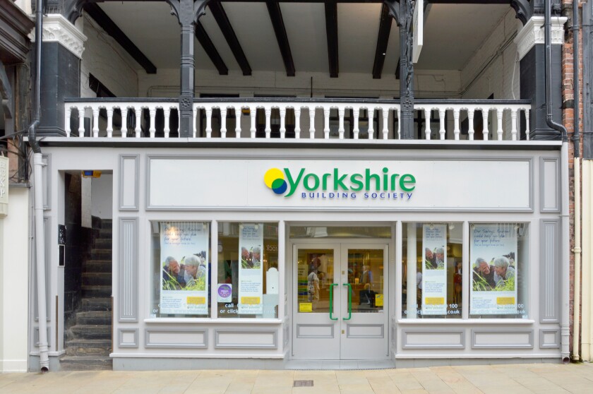 City of Chester the historical Rows covered shopping walkways at 1st floor level above branch premises Yorkshire Building Society Cheshire England UK