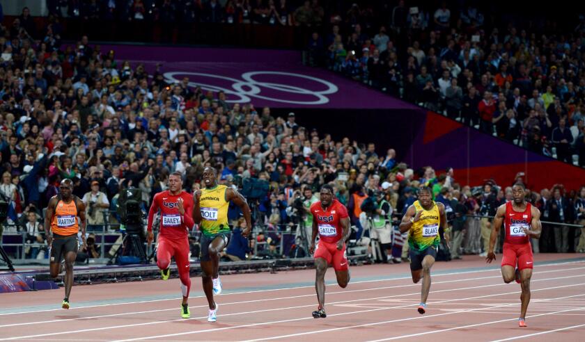 London 2012  - Olympics:   Men's 100 meter finals. 

Usain Bolt of Jamaica pulls away to victory and a repeat gold medal in the