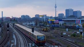 S-bahn train near  Warschauer Strasse station in Berlin, Germany
