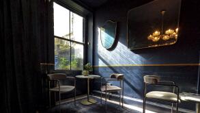 Quiet empty Coffee shop in London with a sunlight