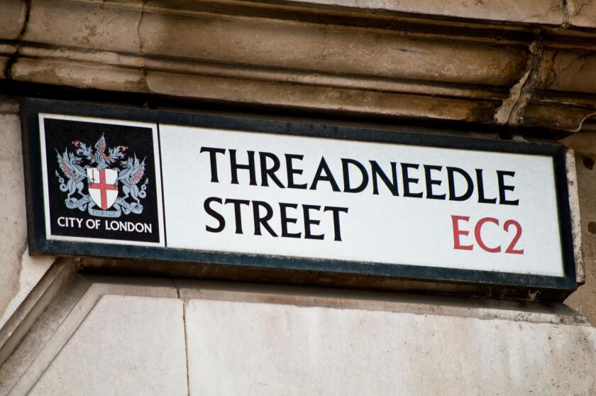 Street sign for Threadneedle Street, City of London England Great Britain