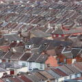 Aerial view of rows of houses and rooftops, in Portsmouth, Hampshire, UK
