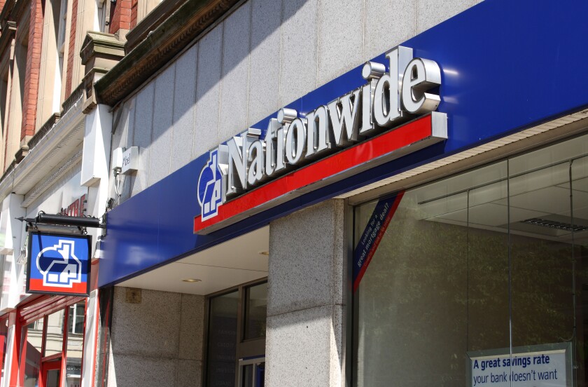 A Nationwide Building Society sign in a U.K. city. Image shot 07/2008. Exact date unknown.