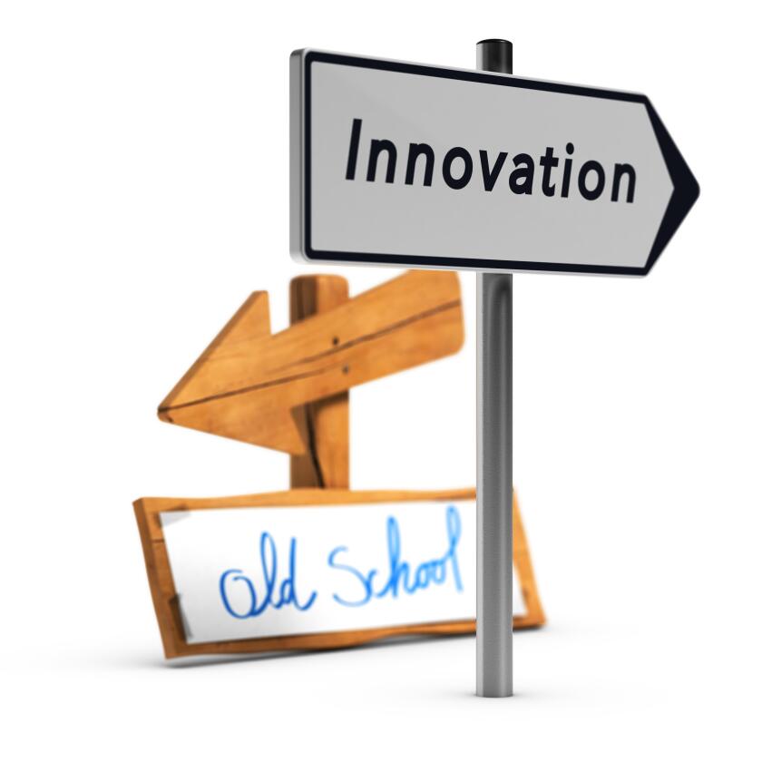 3D illustration of two road signs with text old school and innovation over white background, Concept of innovative business