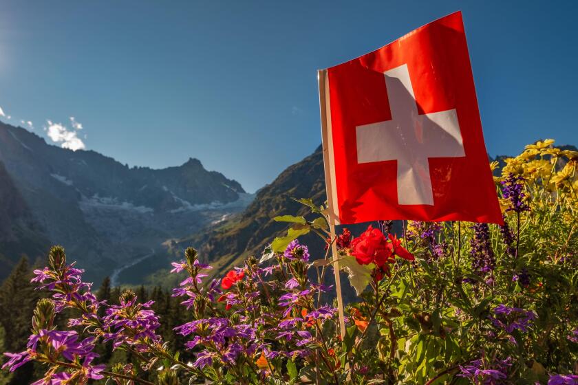 A bright red and white swiss flag flying in the wind with flowers and glacier covered peaks in the background in La Fouly, Switzerland