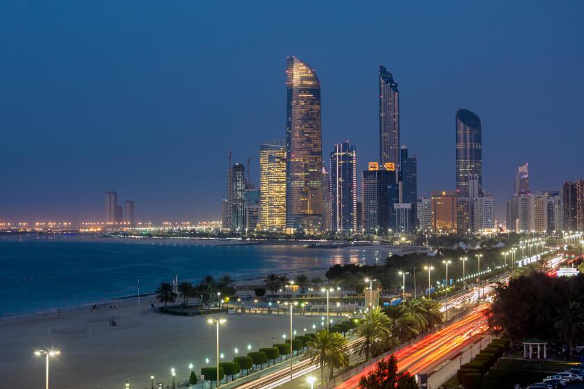 Modern city skyline, Abu Dhabi, United Arab Emirates, Middle East